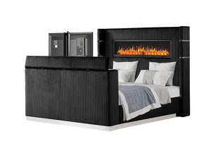 English Elm Lavish King Bed With Fireplace Headboard & Tv Stand Footboard - Modern Black Upholstered Design B009S01412