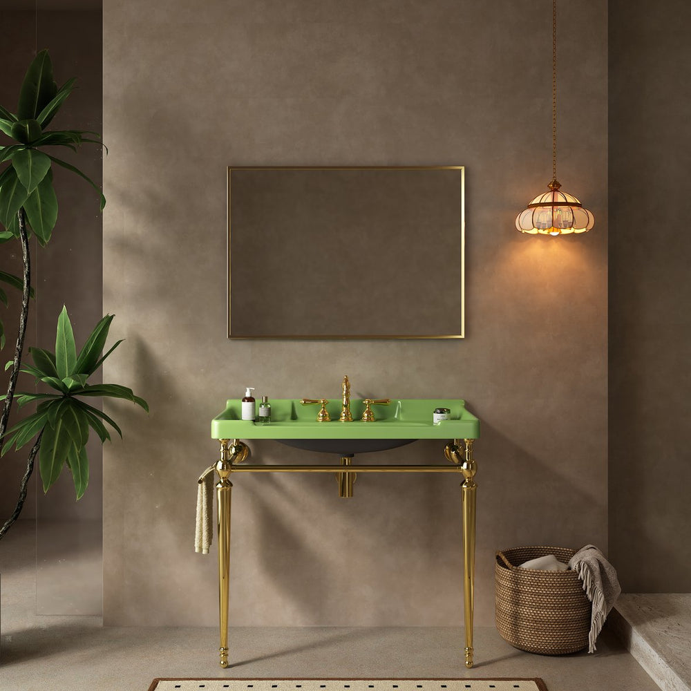 English Elm VICI 36" Bathroom Console Sink with Integrated Ceramic Basin, 3-Hole Faucet, Stainless Legs & Towel Bar Gold,Green W2615S00104