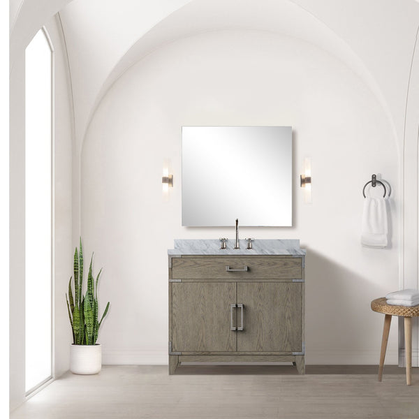 English Elm Grey Oak Single Bath Vanity Set With Carrara Marble Top, Chrome Faucet & 34” Mirror For Chic Bathrooms B2731S02011