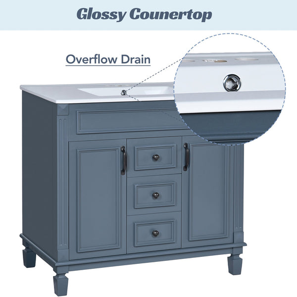 English Elm 36'' Bathroom Vanity with Sink and Mirror Cabinet, Modern MDF & Solid Wood Design, Ceramic Top, Soft-Close Doors Blue SW000115AAC-1