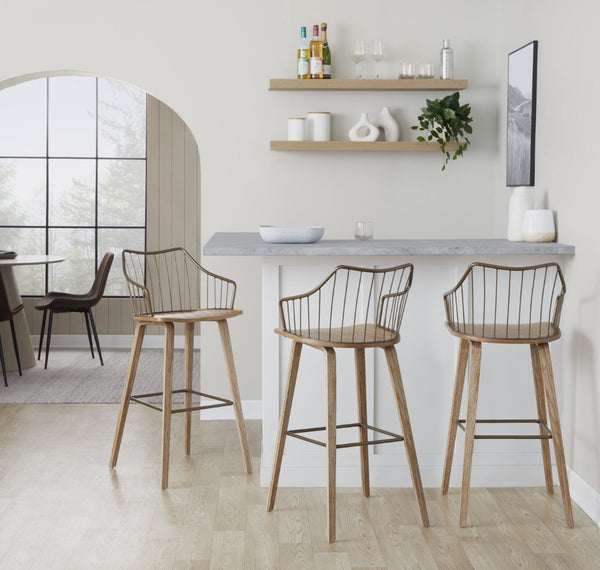 English Elm Fixed-height Farmhouse Barstool Whitewashed Spindle Back Antique Copper Frame Indoor B202P471174