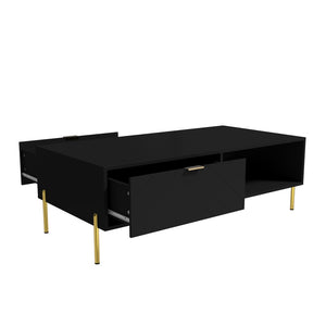 English Elm Mid-century Modern Coffee Table with Dual Drawers Tapered Legs and Open Storage Shelf Black T3609P482850