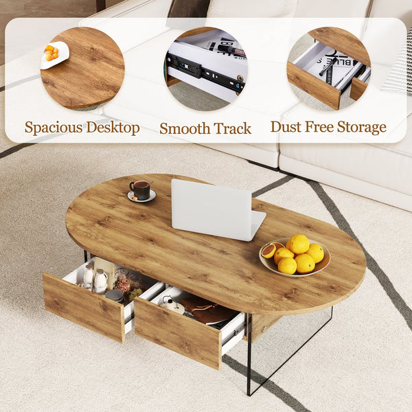 English Elm Cozy Natural Oval Coffee Table with Dual Drawers, Tempered Glass Legs, Wood Grain MDF Top, 43.3"x23.6" W1512P405601