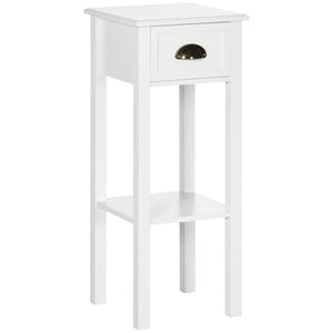 English Elm HOMCOM Narrow 2-Tier Side Table with Drawer and Elevated Shelf — Slim Accent End Table, Sturdy Storage White W2225P200905