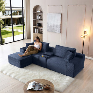English Elm Modular Cloud Sectional Sofa with Corduroy Deep Seating Usb Ports and Storage Ottoman Blue W1117S00362