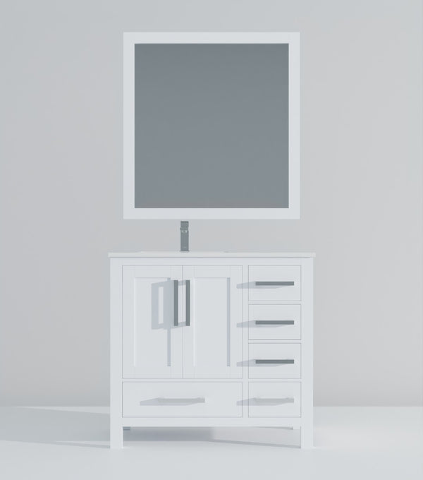 English Elm White Bath Vanity Set With Left Offset Cultured Marble Top, Chrome Faucet & Matching Mirror 36" W B2731S01328-GIGA