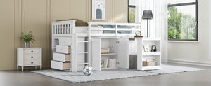 English Elm Twin Loft Bed Rubberwood Frame Pull Out Desk Storage Cabinet and Shelf Kids Room White W504S00288