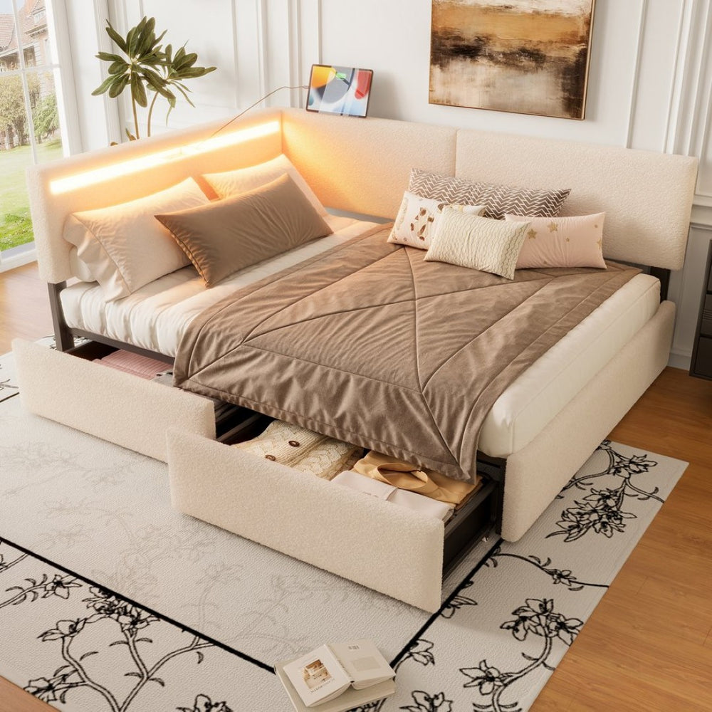 English Elm Twin Boucle Upholstered Bed with Cloud Headboard Storage Drawers and Led Lighting W1670P410460