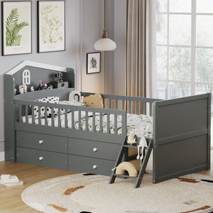 English Elm Twin Bed Frame with Storage Drawers and House Headboard, Kids Platform Bed with Guardrail Ladder and Shelf Gray 49.3 L x 16.25 W x 7.75 H N733S278032E