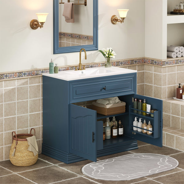 English Elm 36" Luxurious Bathroom Vanity with Ceramic Sink and Soft-Close Doors, Solid Wood Frame, Adjustable Shelves Blue N710P288944C