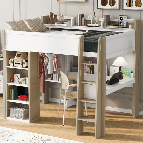 English Elm Full Size Wood Loft Bed With Desk, Wardrobe & Storage Shelves - Stylish Space-Saving Solution! N7090005007K