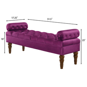 English Elm Velvet Tufted Bench with Round Bolster Armrest and Solid Wood Spindle Legs for Elegant Seating (52") Violet W2186P253252