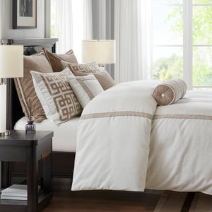 English Elm 8-piece Queen Bedding Set Slub Fabric Embroidery Velvet Accents Boutique Hotel Style Tan+Ivory B035P482955