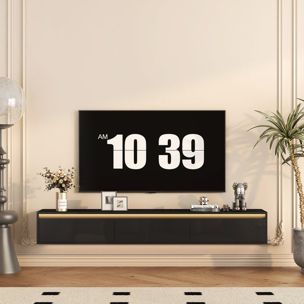 English Elm Floating Wall TV Stand with LED Touch Light, High-Gloss Black Cabinet, 3 Plugs 2 USB Ports, Cord Management W1321P176417