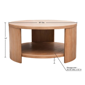 English Elm Round Wood Coffee Table with Shelf — 36" Dia Modern Rubberwood Veneer, Minimalist Curved Legs, 85lb Capacity B035P217813