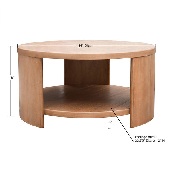 English Elm Round Wood Coffee Table with Shelf — 36" Dia Modern Rubberwood Veneer, Minimalist Curved Legs, 85lb Capacity B035P217813