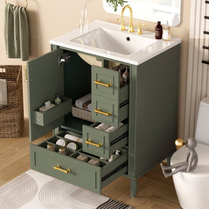 English Elm 24" Olive Bathroom Vanity Solid Wood Frame Ceramic Sink Gold Hardware Soft Close Olive Green N729P373272F