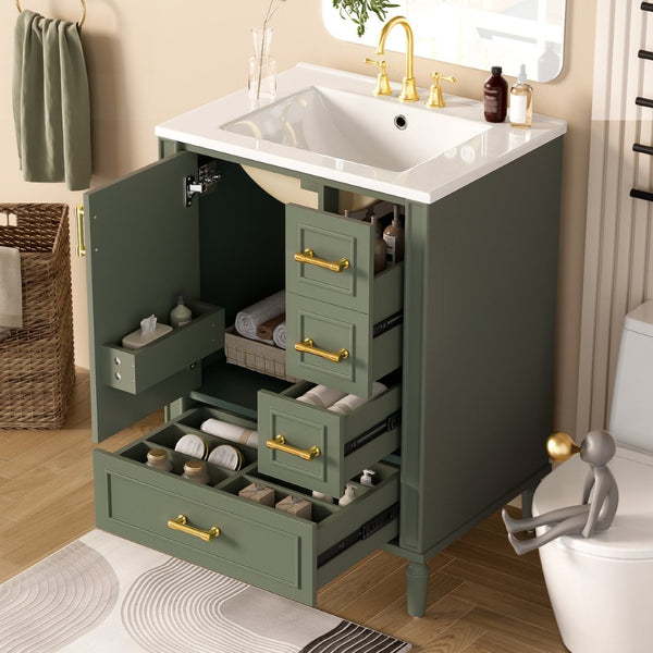 English Elm 24" Olive Bathroom Vanity Solid Wood Frame Ceramic Sink Gold Hardware Soft Close Olive Green N729P373272F