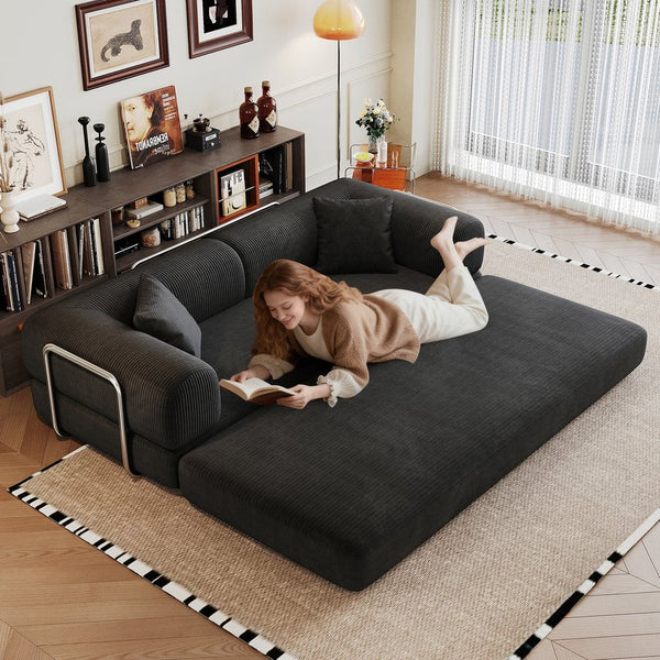 English Elm 78.8" Compression Sofa Convertible Floor Bed with Corduroy Fabric, No-Assembly Modular Futon, Supportive Backrest and Armrests Black W2824P373428