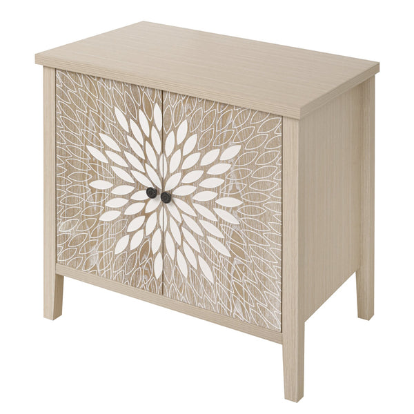 English Elm 2-Door Carved Storage Cabinet with Floral Handle, Adjustable Shelf, Anti-Tip Safety, Slim Design Natural W688P232767