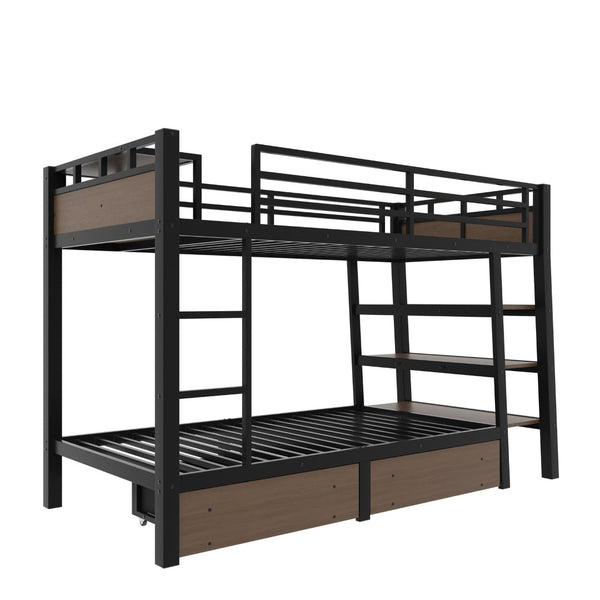 English Elm Full Size Metal Loft Bed with Stair Storage Shelves Bookshelf for Dorms Bedroom W1580S00346