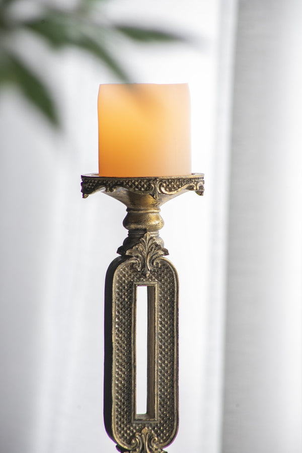 English Elm D4.3x11" Antique Gold Cutout Candle Holder with Keyhole Stem, Diamond-Press Detail, Pair-Worthy Glow (Elegant Dining Accent) W2078P390748