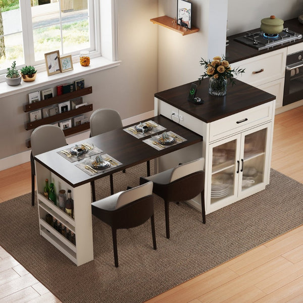English Elm 83.1'' Extendable Kitchen Island Prep Station with Walnut Woodgrain and Built-in Power Hub W2557S00002