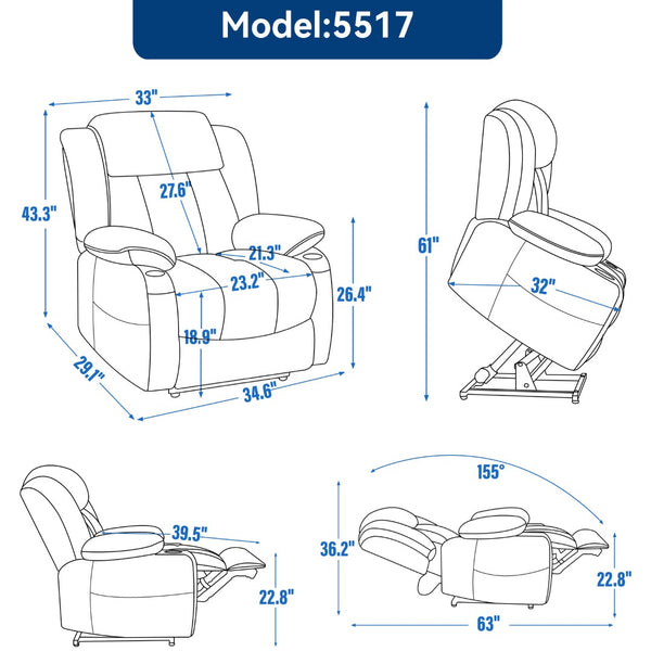 English Elm Up to 350 Lb Chenille Power Lift Recliner with Massage Heat and Charging Ports W1803S00046