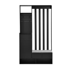 English Elm ON-TREND Hall Tree with Pegboard, Cushioned Bench, Drawer & Hooks for Organized Entryway Storage Black N721P179243B