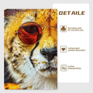 English Elm Abstract Cheetah Canvas Art in Gold Leopard Suit with Sunglasses and Flower Hat – Modern Wall Decor for Home Office W3374P322233