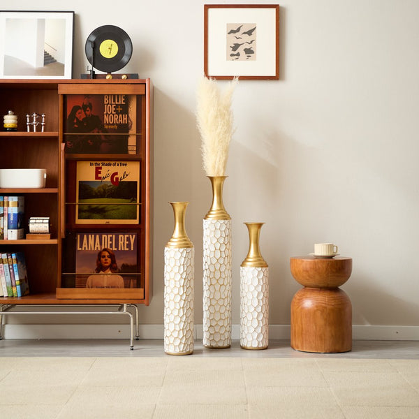 English Elm Floor Modern Metal Vase Set Of 3 – Luxe White With Gold Accents For Stylish Home Décor & Elegance W2796P255600