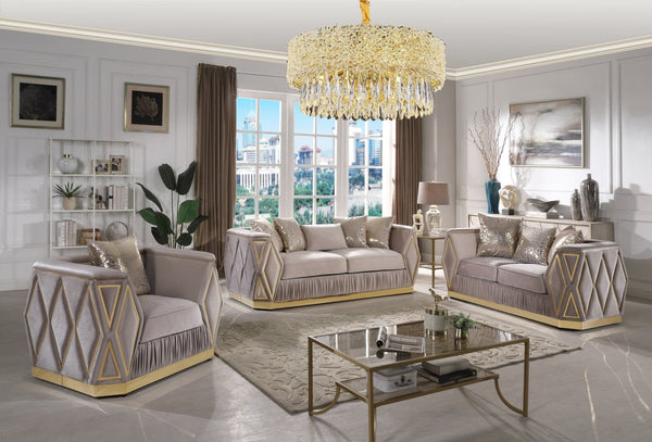 English Elm Cavalli Glam Three Piece Living Room Set Diamond Upholstery with Brushed Gold Metal Legs Taupe+Gold B009S02181