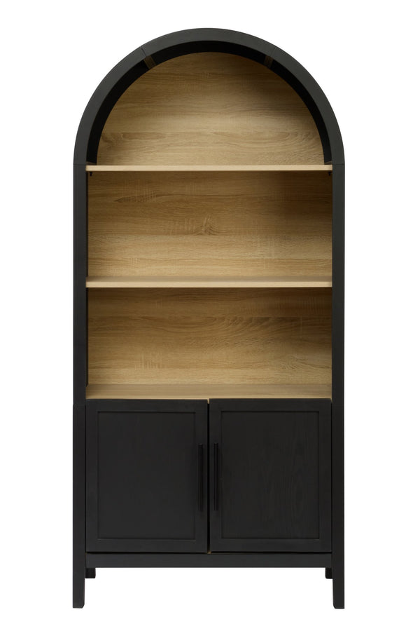 English Elm 66.70 Arched Bookcase with Door and Open Shelves, Mid-Century Black Wood Tone Accent Storage Cabinet W3123P278017