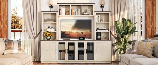 English Elm Wall Unit Entertainment Center with Built in Charging Mdf Media Console Open Shelving Beige W1580S00436