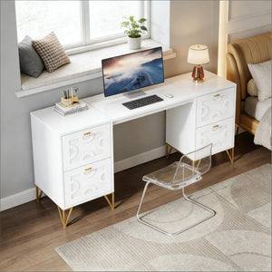 English Elm Stylish White Mdf Computer Desk with Gold Legs Four Drawers for Home Office T3971P449545