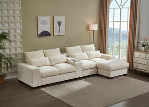 English Elm Modern Sectional Sofa with Console USB Charging and Reading Light, Velvet Microfiber, Solid Wood Frame Beige B205S00082