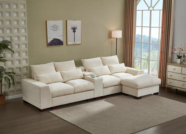 English Elm Modern Sectional Sofa with Console USB Charging and Reading Light, Velvet Microfiber, Solid Wood Frame Beige B205S00082