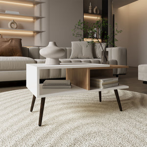 English Elm Coffee engineered wood coffee table on casters with single shelf, minimalist, durable, eco-friendly White+Natural 35.04 L x 29.5 W x 3.94 H B097P262371