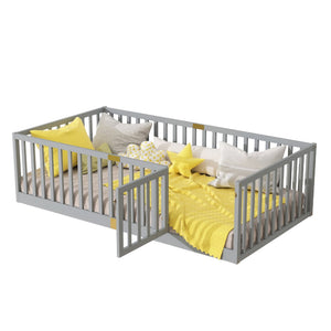 English Elm Twin Floor Bed Solid Rubber Wood with Tall Safety Railings for Toddler Sleep Grey W504P287651