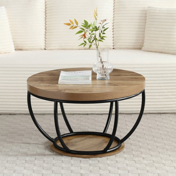 English Elm 31" Round Industrial Coffee Table Wood Grain Veneer Top Two Tier Open Shelf Living Room Black W1117P414751