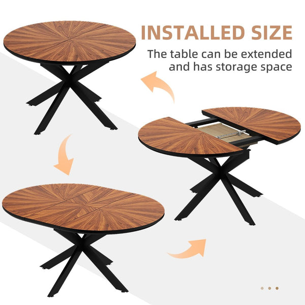 English Elm 47.2"-63" Extendable Round Dining Table Solid Wood Parquet Top Seats Six Walnut W3587S00002