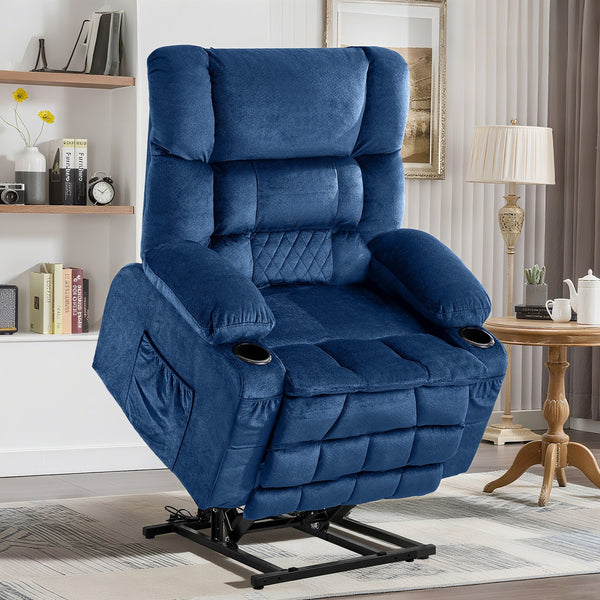 English Elm Dual Motor Large Power Lift Recliner Chair with Waist Kneading & Heat, Extended Footrest, USB Ports Blue W1521S00073