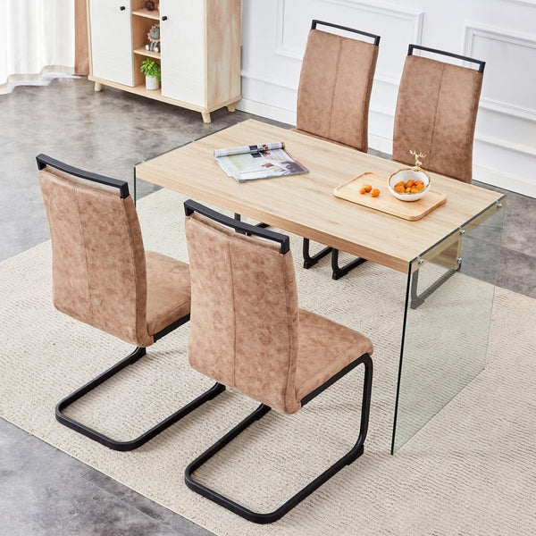 English Elm Table And Chair Set - Modern Wood Texture Mdf Coffee Table With Glass Legs And 4 Stylish Chairs W1151S02075-GIGA