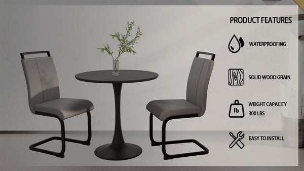 English Elm 31.5" Black Round Tulip Dining Table Set With 2 Gray Pu Chairs, Modern For Small Spaces & Easy Care W2189S00639