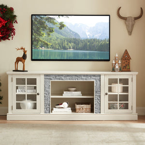 English Elm 70" Modern TV Stand with Faux Stone Top, Spacious 2-Door Media Console with Cable Management and Adjustable Shelves, Vintage Metal Handles, Durable MDF Construction for Living Room Entertainment (Fits up to 75") White W2275P342690
