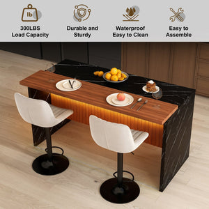 English Elm 63" Modern Kitchen Island Set With 2 Gray Bar Stools - Stylish Black Marble, Led Lighting, Durable Design W2699S00068