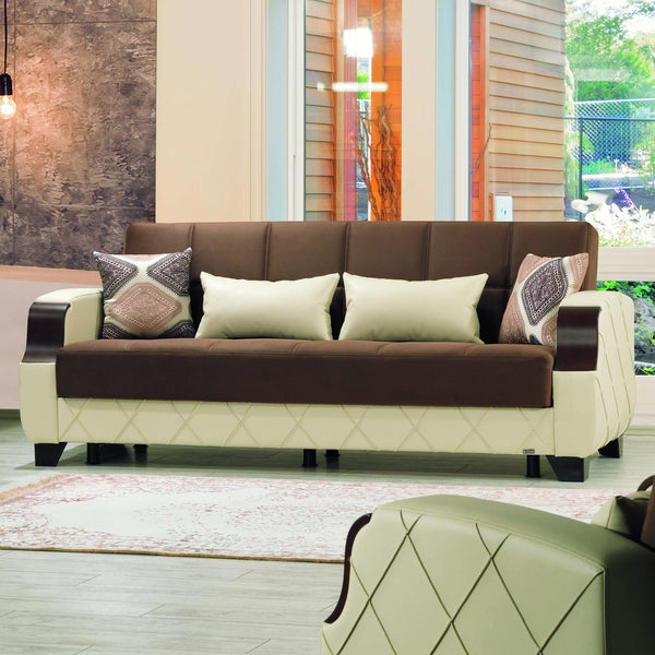 English Elm PrimeNest Marabella Collection Upholstered Convertible Sofabed with Storage, Microfiber Click-Click Design 92" Cream+Dark Brown B030P286562