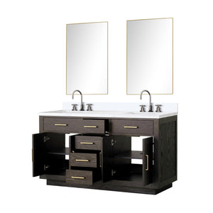 English Elm Brown Oak Double Bath Vanity With White Quartz Top, Chrome Faucets & Two Mirrors For Modern Style B2731S01794