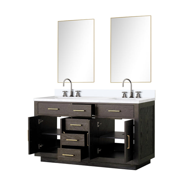 English Elm Brown Oak Double Bath Vanity With White Quartz Top, Chrome Faucets & Two Mirrors For Modern Style B2731S01794