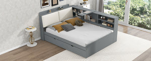 English Elm Wood Full Size platform bed with trundle, built-in storage headboard and shelves, sturdy pine frame Gray GX002055AAE